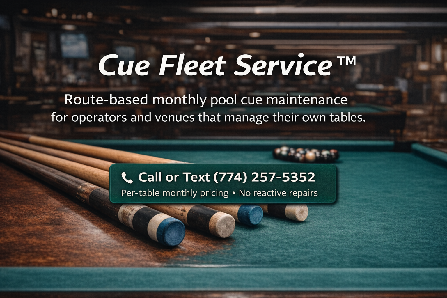 Route-based monthly pool cue maintenance service for operators and venues that manage their own tables