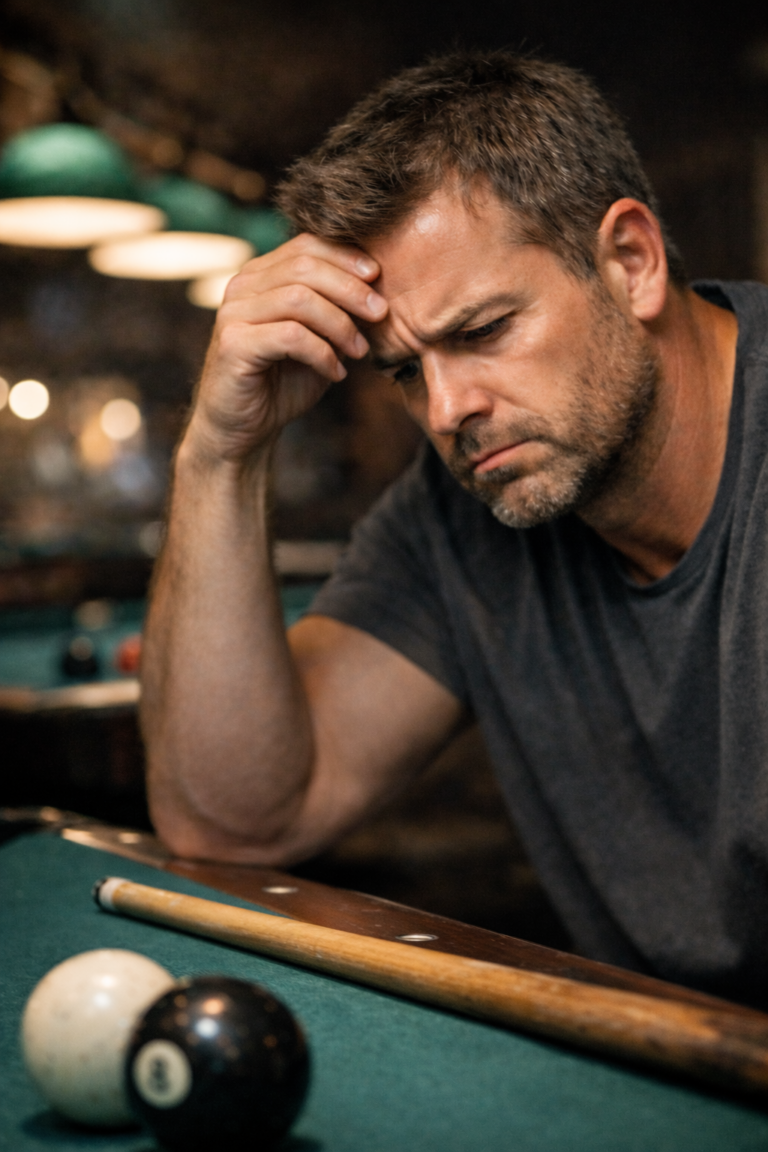 Frustrated pool player looking down after a miscue caused by a worn cue tip