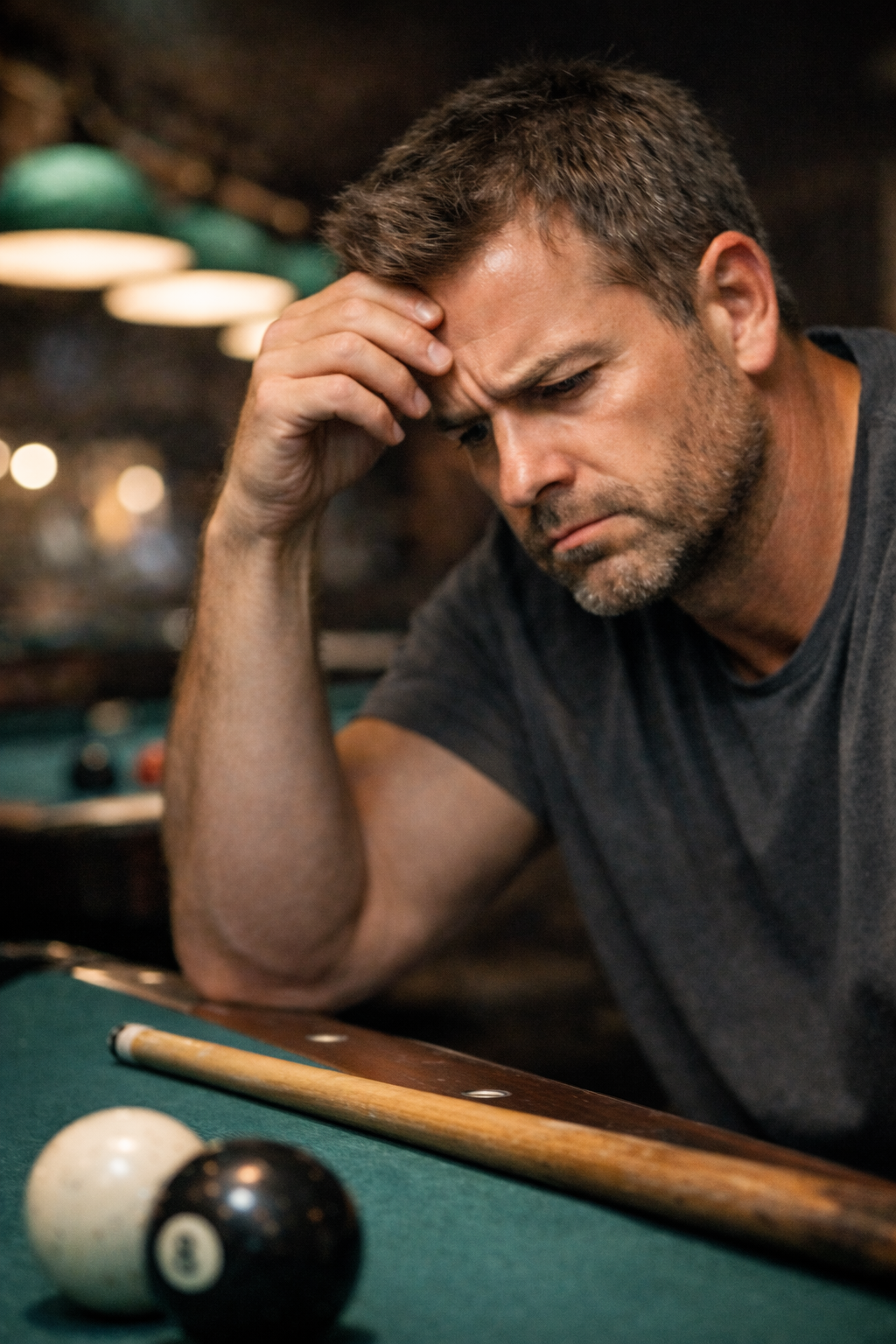 Frustrated pool player looking down after a miscue caused by a worn cue tip