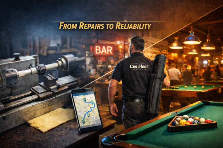Technician providing managed pool cue and table service in a bar, with cue maintenance lathe and route-based service workflow