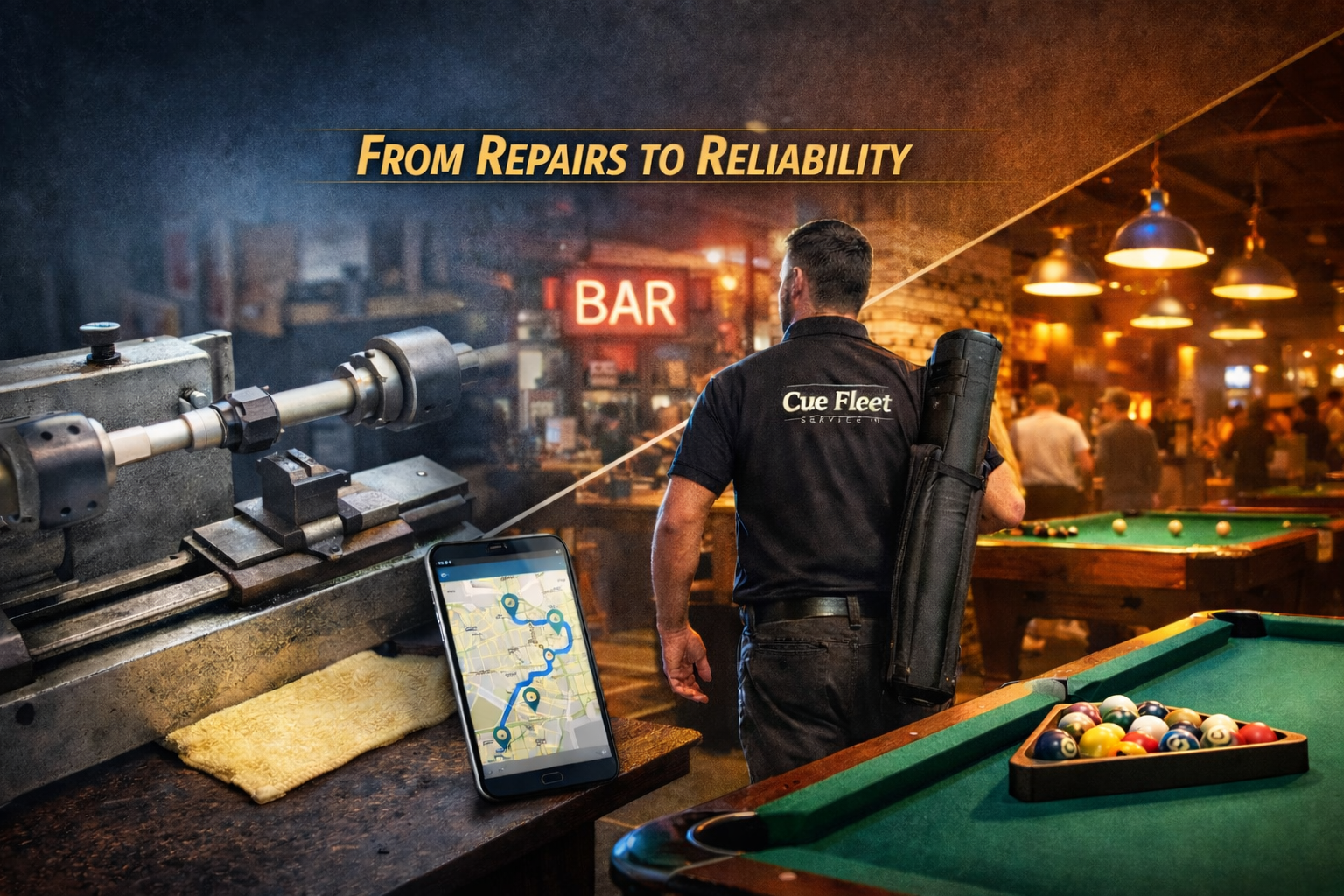 Technician providing managed pool cue and table service in a bar, with cue maintenance lathe and route-based service workflow